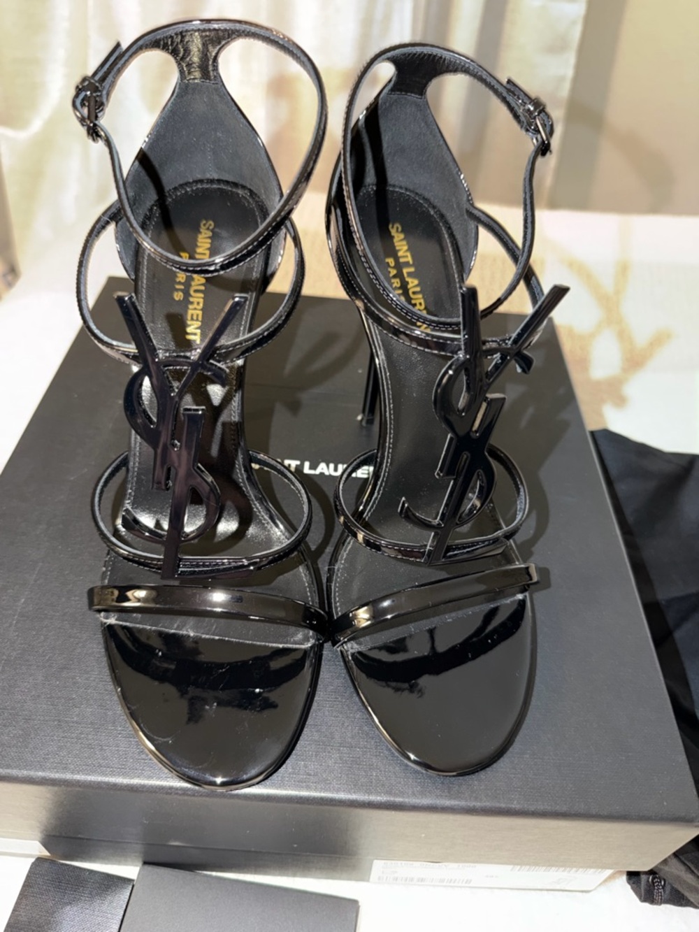 Saint Laurent 100mm Opyum YSL Patent Leather Sandals with Black Hardware